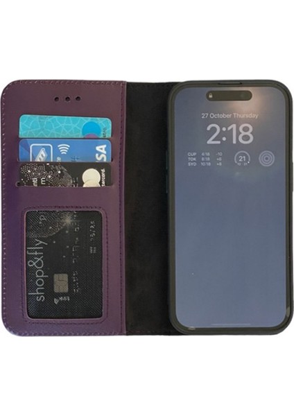 Apple iPhone 14 Pro Max Kılıf Hakiki Deri Cüzdan Gizli Mıktanıslı Kartivizitli Derin Mor