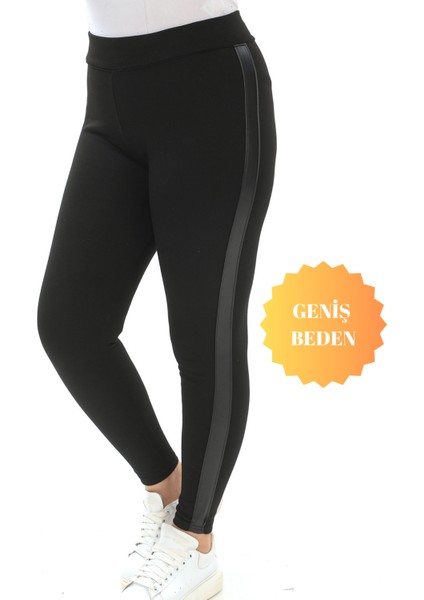 Curve Büyük Beden Deri Şeritli Çelik Örme Toparlayıcı Siyah Spor Tayt