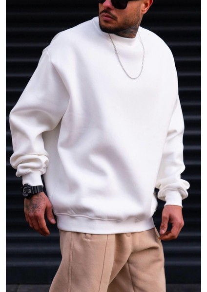 Erkek Düz Kırık Beyaz Krem Ekru Basic Baskısız Sıfır Bisiklet Yaka Oversize Salaş Sweatshirt Sweat