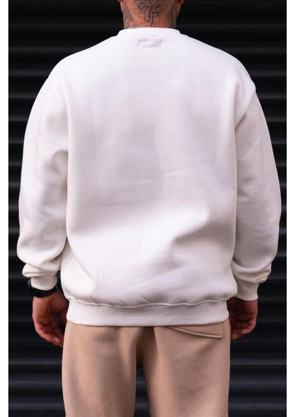 Erkek Düz Kırık Beyaz Krem Ekru Basic Baskısız Sıfır Bisiklet Yaka Oversize Salaş Sweatshirt Sweat