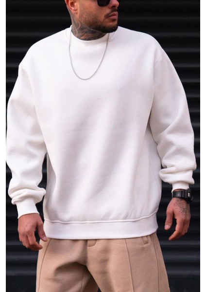 Erkek Düz Kırık Beyaz Krem Ekru Basic Baskısız Sıfır Bisiklet Yaka Oversize Salaş Sweatshirt Sweat