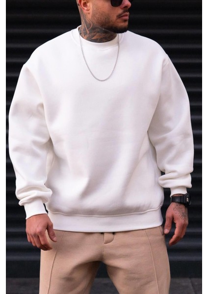 Erkek Düz Kırık Beyaz Krem Ekru Basic Baskısız Sıfır Bisiklet Yaka Oversize Salaş Sweatshirt Sweat
