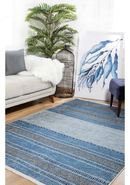 Yelets Mavi Çizgili Polyester Dijital Baskı Halı