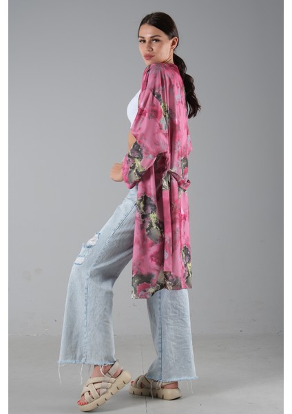 Fuşya Desenli Krep Kimono 0107129.12