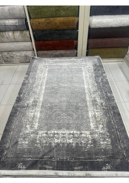 Bambu Saten Kaymaz Tabanlı Modern Yıkanabilir Kilim Halı Yeni Sezon Gri Desenli