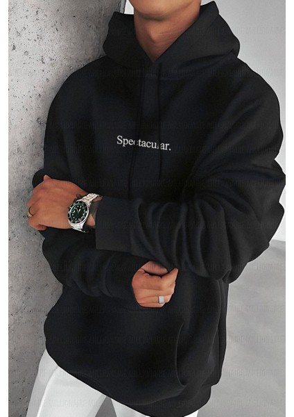 Erkek Siyah Spectacular Baskılı 3 Iplik Şardonlu Kapüşonlu Kanguru Cepli Oversize Salaş Hoodie Sweatshirt