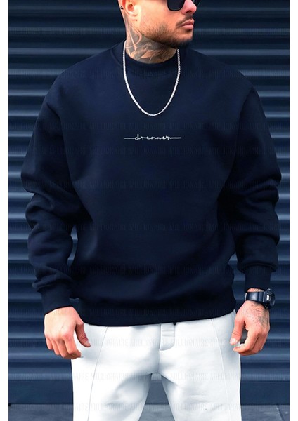 Erkek Lacivert Dreamer Baskılı 0 Sıfır Yaka Oversize Salaş Bol Kesim Polar Sweatshirt