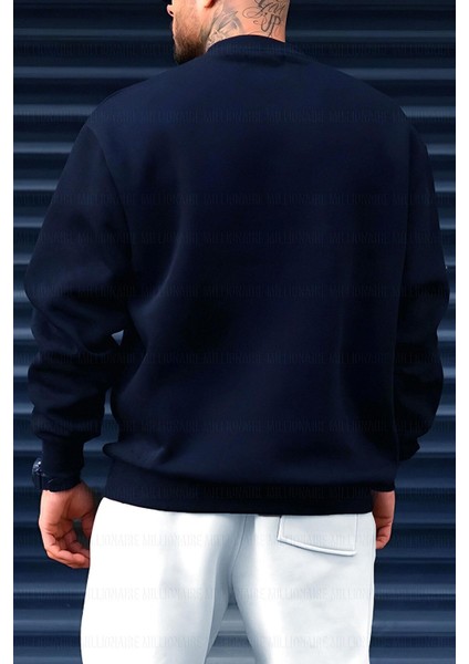 Erkek Lacivert Dreamer Baskılı 0 Sıfır Yaka Oversize Salaş Bol Kesim Polar Sweatshirt fiyatları