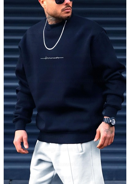 Erkek Lacivert Dreamer Baskılı 0 Sıfır Yaka Oversize Salaş Bol Kesim Polar Sweatshirt modelleri