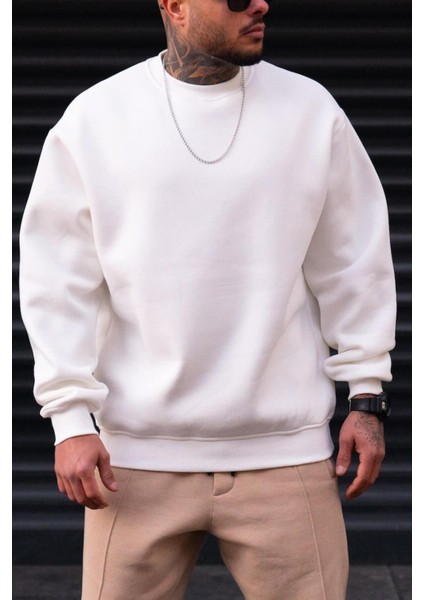 Erkek Düz Kırık Beyaz Krem Ekru Basic Baskısız Sıfır Bisiklet Yaka Oversize Salaş Sweatshirt Sweat