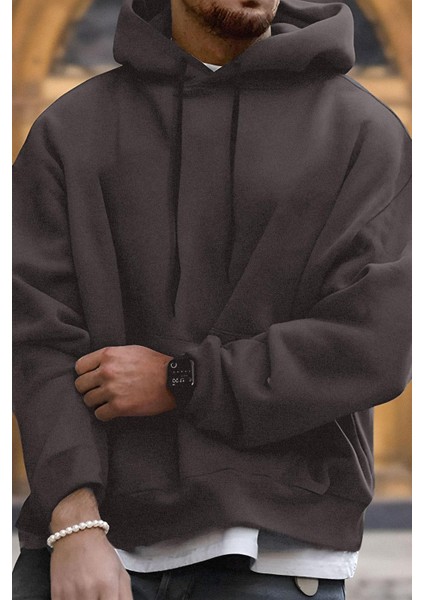 Erkek Füme Düz Kapüşonlu Oversize 3 Iplik Şardonlu Salaş Bol Kesim Hoodie Sweatshirt