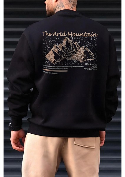 Erkek Siyah Arid Mountain Baskılı 0 Sıfır Yaka Oversize Salaş Bol Kesim Polar Sweatshirt