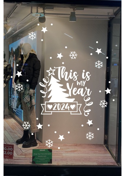 Happy New Year 2024 Yazısı ve Geyikler Yılbaşı Süslemeleri Yeni Yıl Vitrin Cam Sticker