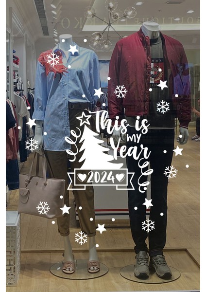 Happy New Year 2024 Yazısı ve Geyikler Yılbaşı Süslemeleri Yeni Yıl Vitrin Cam Sticker