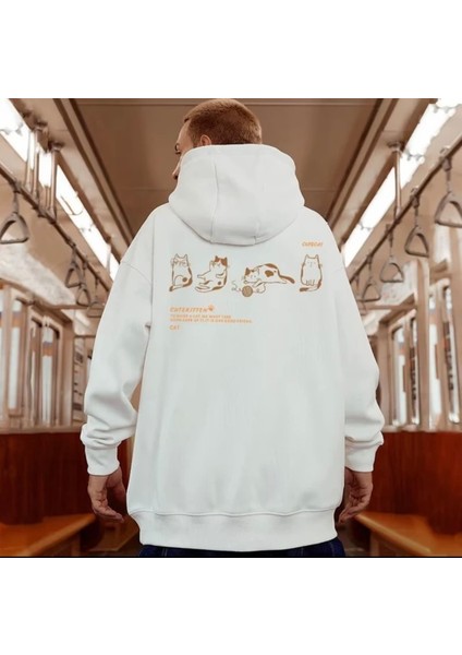 Büyük Beden Özel Tasarım Kapüşonlu Cutecat Sırt Baskılı 3 Iplik Şardonlu %100 Pamuk Erkek Sweatshırt