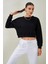 Tena Moda Kadın Siyah Bisiklet Yaka Üç Iplik Oversize Crop Sweatshirt 1