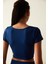 Lacivert Kısa Kollu Yanı Şerit Detaylı Crop Bluz 5