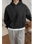 Erkek Siyah Düz Kapüşonlu Oversize 3 Iplik Şardonlu Salaş Bol Kesim Hoodie Sweatshirt 1