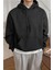 Erkek Siyah Düz Kapüşonlu Oversize 3 Iplik Şardonlu Salaş Bol Kesim Hoodie Sweatshirt 3
