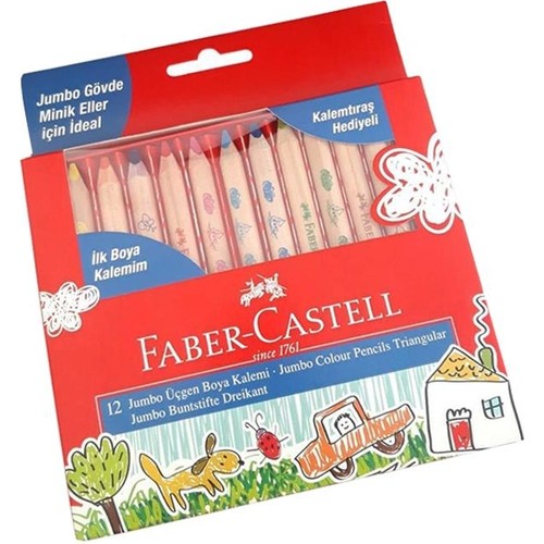Faber-Castell Jumbo Üçgen Kuru Boya Kalemi 12 Renk Karton Kutu 1 Adet Ilk Boya Kalemim Kalemtıraş Hediyeli