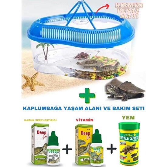 Canlipetshop Taşınabilir Kaplumbağa Yaşam Alanı ve Bakım Seti (Yaşam Alanı+Yem+2 Ilaç+Kum) Komple Set