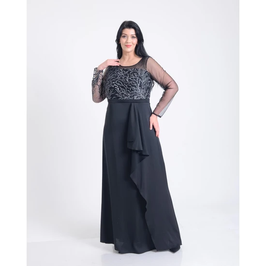 Lilas Xxl Büyük Beden Glitter Baskı Şifon Fırfırlı Siyah Renkli Abiye Elbise
