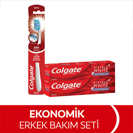 Colgate Visible White Maksimum Beyazlık Diş Macunu 75 ml x2 Adet, 360 Visible White Orta Diş Fırçası
