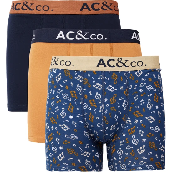 AC&Co / Altınyıldız Classics Erkek Lacivert-Kahverengi Pamuklu Esnek Desenli 3'lü Boxer Paketi