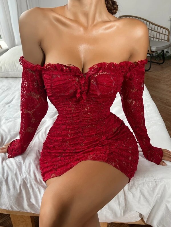 my cherie Büzgülü Bağlama Detaylı Vücuda Oturan Seksi Gösteren Dantel Mini Elbise Geniş Beden Aralığı görsel 2