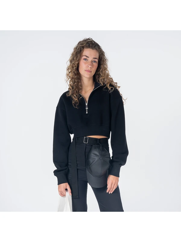 Friday Offset James Kadın Siyah Dik Yaka Oversize Yarı Fermuarlı Crop Sweatshirt