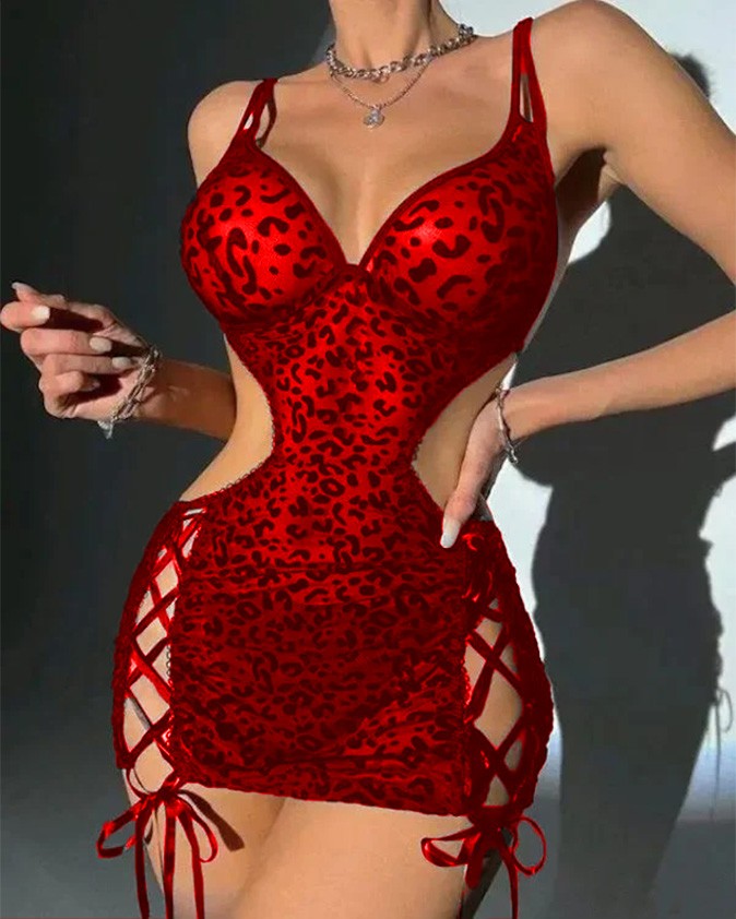my cherie Leopar Flok Baskılı Bağlama Detaylı Elbise Gecelik Babydoll görsel 6