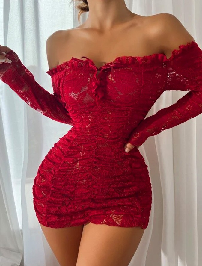 my cherie Büzgülü Bağlama Detaylı Vücuda Oturan Seksi Gösteren Dantel Mini Elbise Geniş Beden Aralığı