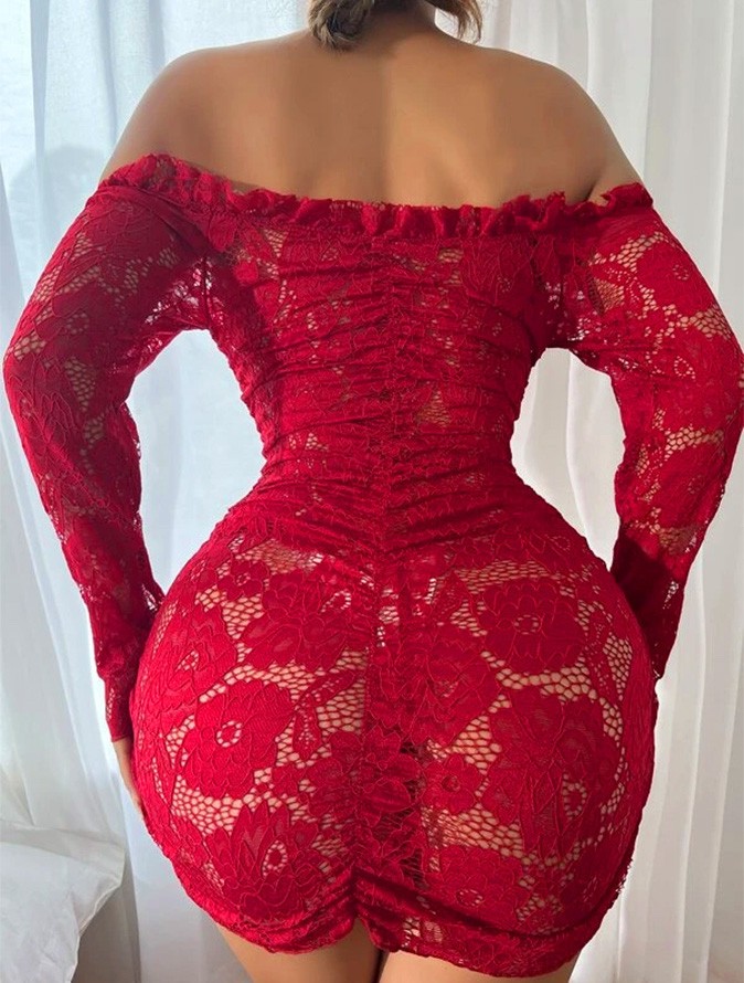 my cherie Büzgülü Bağlama Detaylı Vücuda Oturan Seksi Gösteren Dantel Mini Elbise Geniş Beden Aralığı görsel 3