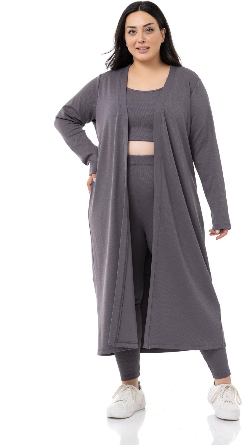 Disentis Modest Büyük Beden Fitilli Crop Body Tayt Hırka Üçlü Zümrüt Takım görsel 6