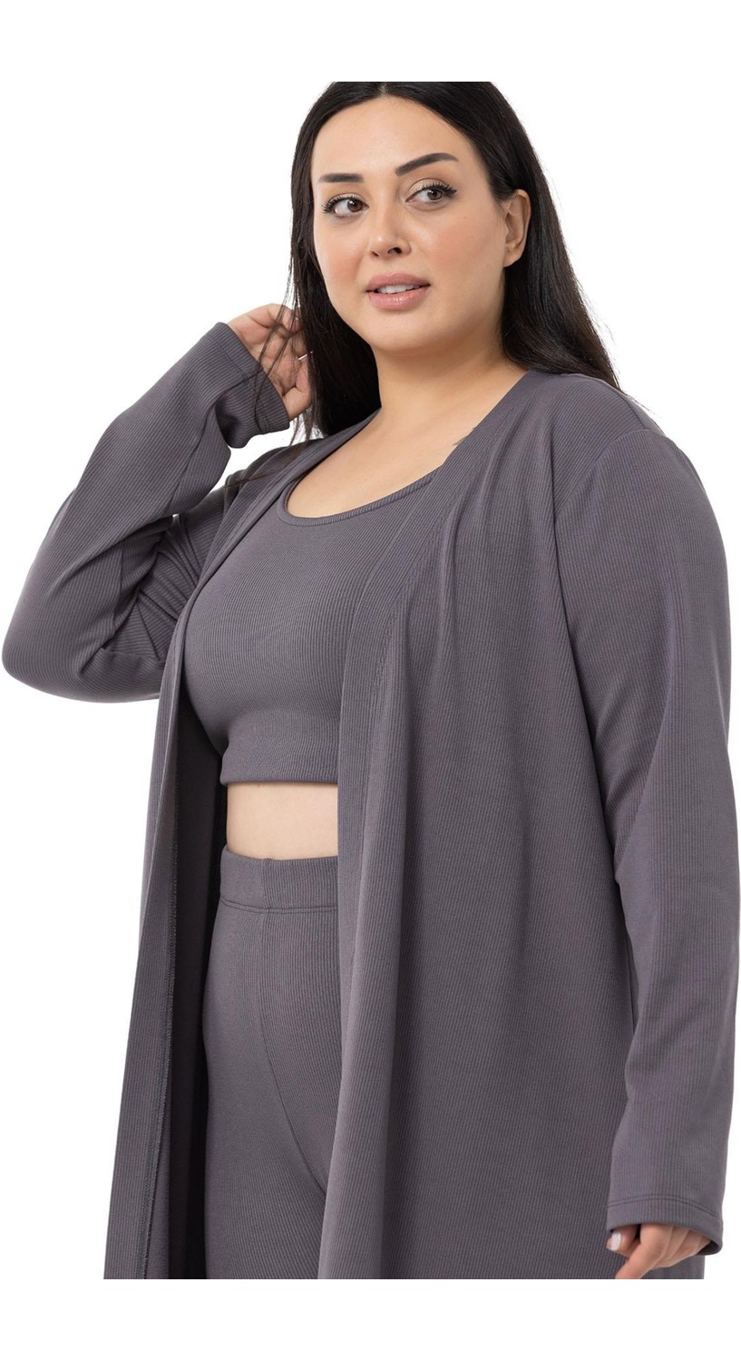 Disentis Modest Büyük Beden Fitilli Crop Body Tayt Hırka Üçlü Zümrüt Takım görsel 7