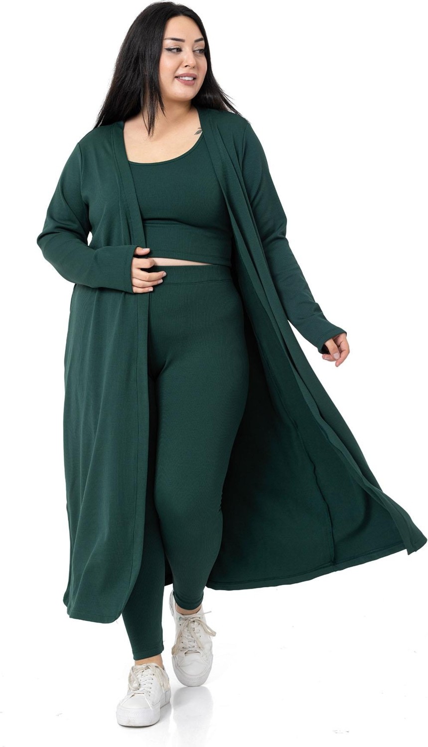 Disentis Modest Büyük Beden Fitilli Crop Body Tayt Hırka Üçlü Zümrüt Takım görsel 4