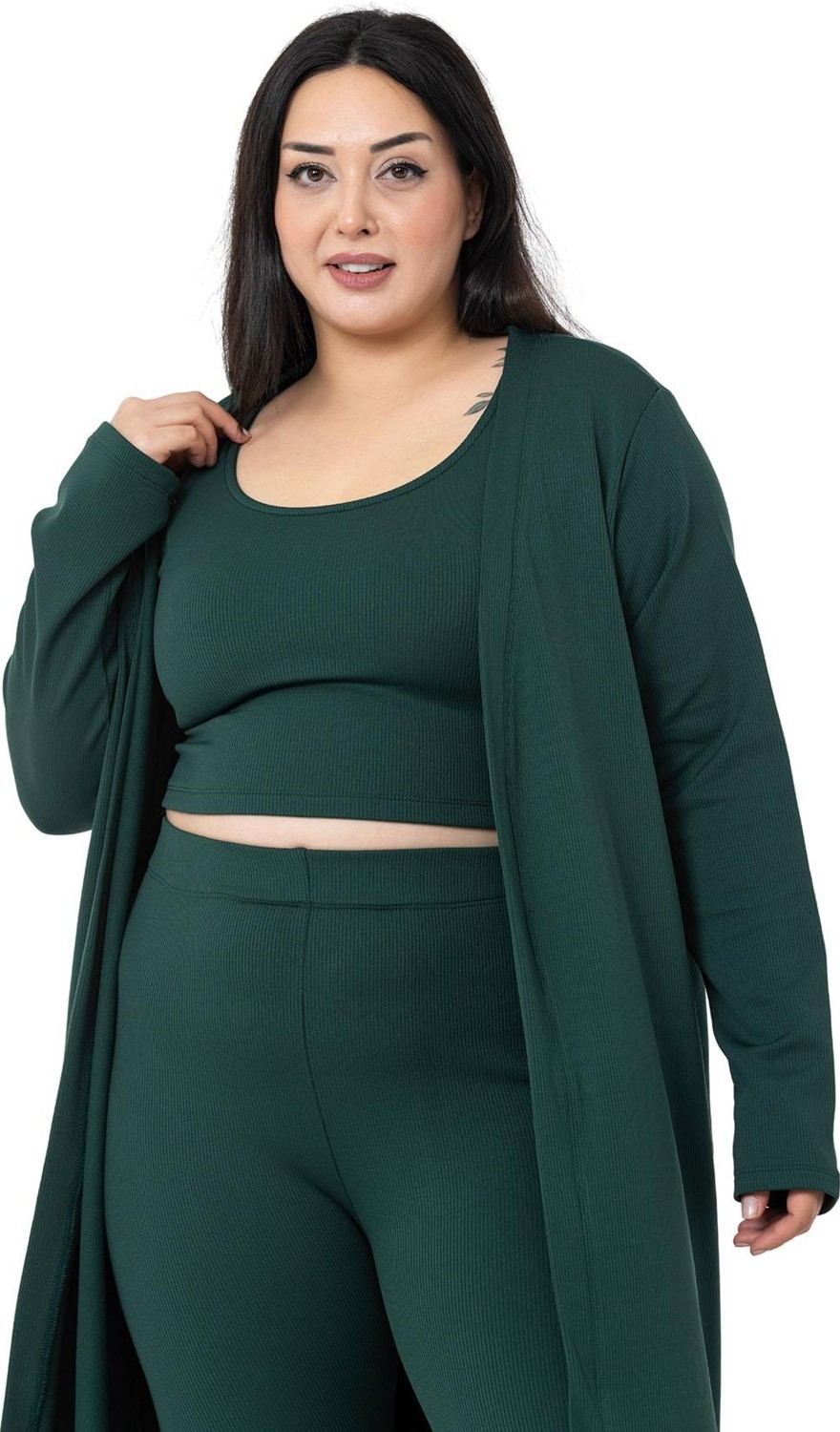 Disentis Modest Büyük Beden Fitilli Crop Body Tayt Hırka Üçlü Zümrüt Takım görsel 2