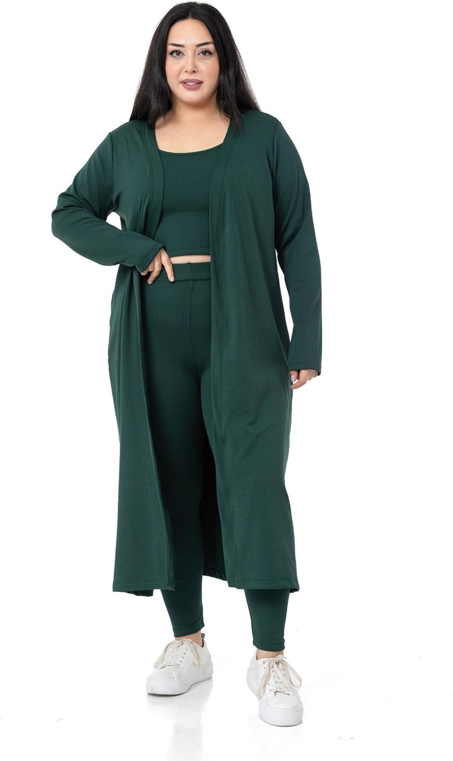 Disentis Modest Büyük Beden Fitilli Crop Body Tayt Hırka Üçlü Zümrüt Takım