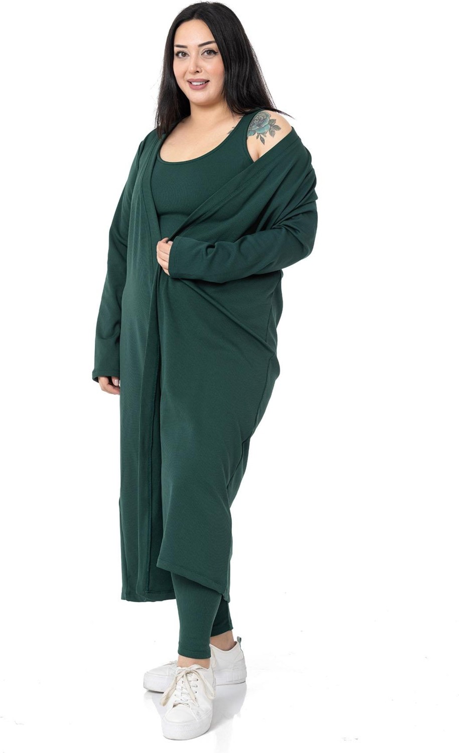 Disentis Modest Büyük Beden Fitilli Crop Body Tayt Hırka Üçlü Zümrüt Takım görsel 5