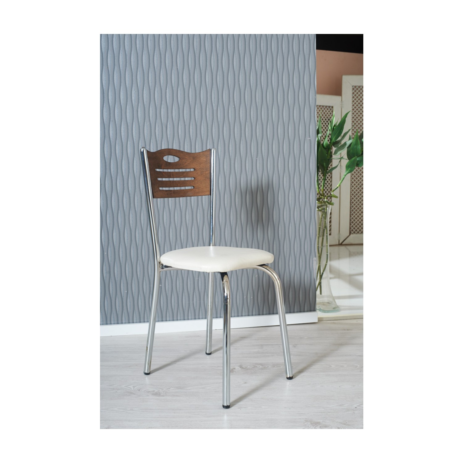 Modilayn Şimal Ceviz Sandalye Beyaz Deri Döşeme Çelik Krom Fiyatı