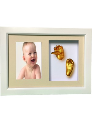 Küçük İzler Beyaz Çerçeveli Resimli Aljinat ile 3 boyutlu Bebek El-Ayak İzi Heykeli Kalıp Seti