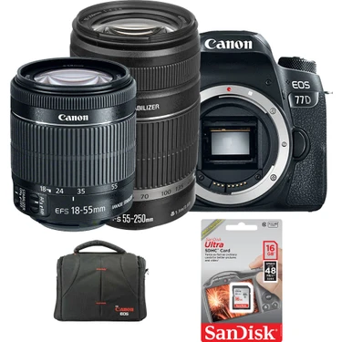 Canon EOS 77D + 18-55mm + 55-250mm + Hafıza Kartı +