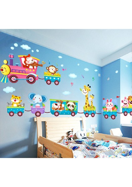 Büyük Boy Neşeli Hayvanlar Treni Duvar Stickerı Happy Animals Train Wall Sticker