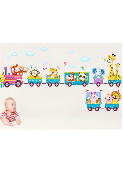 Büyük Boy Neşeli Hayvanlar Treni Duvar Stickerı Happy Animals Train Wall Sticker