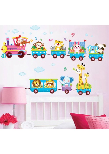 Büyük Boy Neşeli Hayvanlar Treni Duvar Stickerı Happy Animals Train Wall Sticker