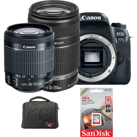 Canon EOS 77D + 18-55mm + 55-250mm + Hafıza Kartı + Çanta