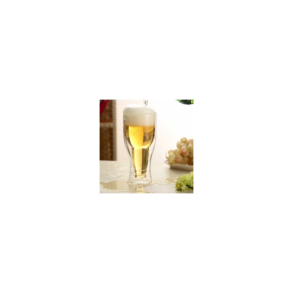 Linan Ware Şişe Tasarımlı Çift Cidarlı Cam Bardak, Bira Meşrubat 350 ml