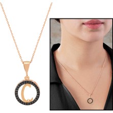 Gül Endam 3D Tasarım Siyah Zirkon Taşlı 925 Ayar Gümüş Harf Kolye  Ç