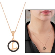 Gül Endam 3D Tasarım Siyah Zirkon Taşlı 925 Ayar Gümüş Harf Kolye  L