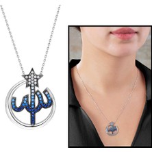 Gül Endam Mavi Zirkon Taşlı Arapça Allah Yazılı 925 Ayar Gümüş Kadın Kolye